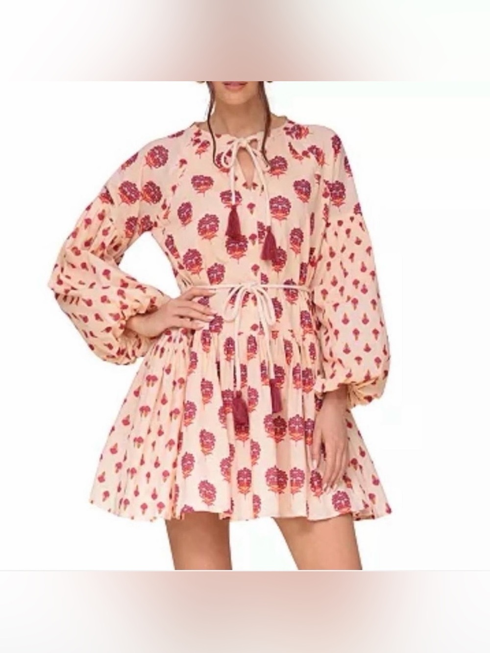 Avec Les Filles Floral Mini Dress Boho Peasant Tassel Tie Waist Size 6 - Picture 4 of 10